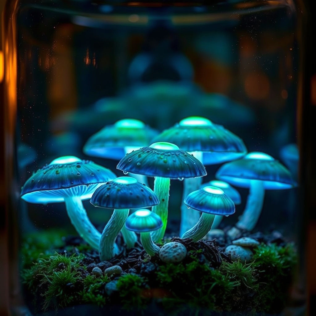 Glowing Mushrooms in Apothecary Jar, Dreamlike Bioluminescen...