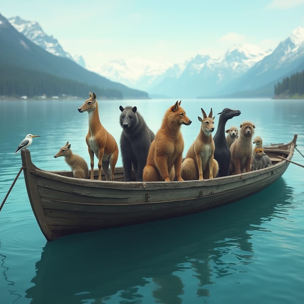 Wooden Boat on Turquoise Lake with Animals