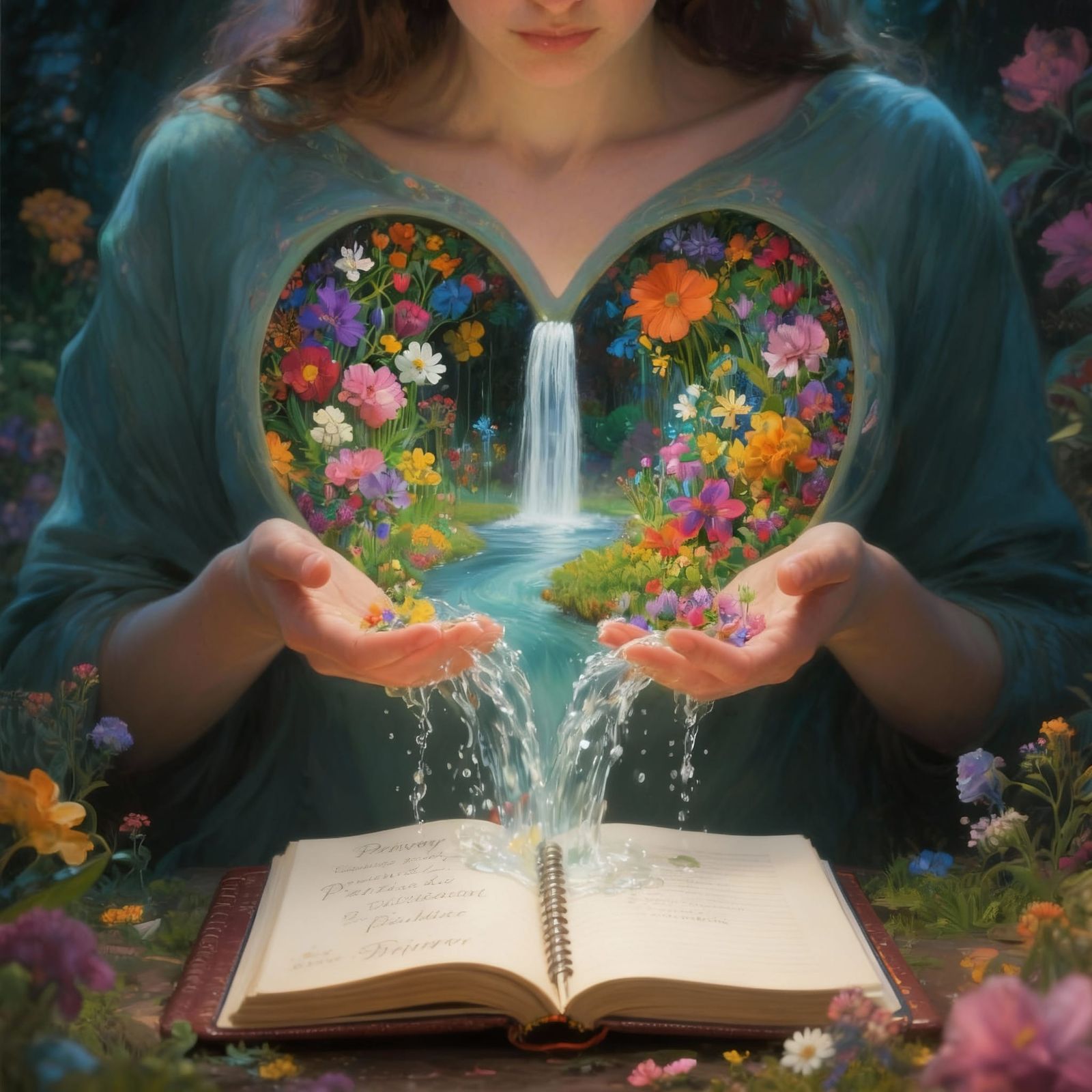 Woman's Heart Garden With Waterfall Spilling Flowers