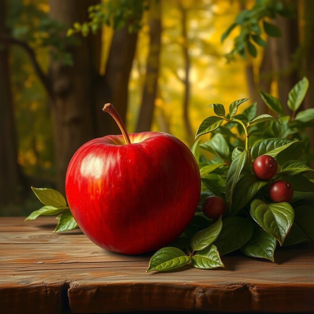 Vibrant Red Apple in Forest Still Life