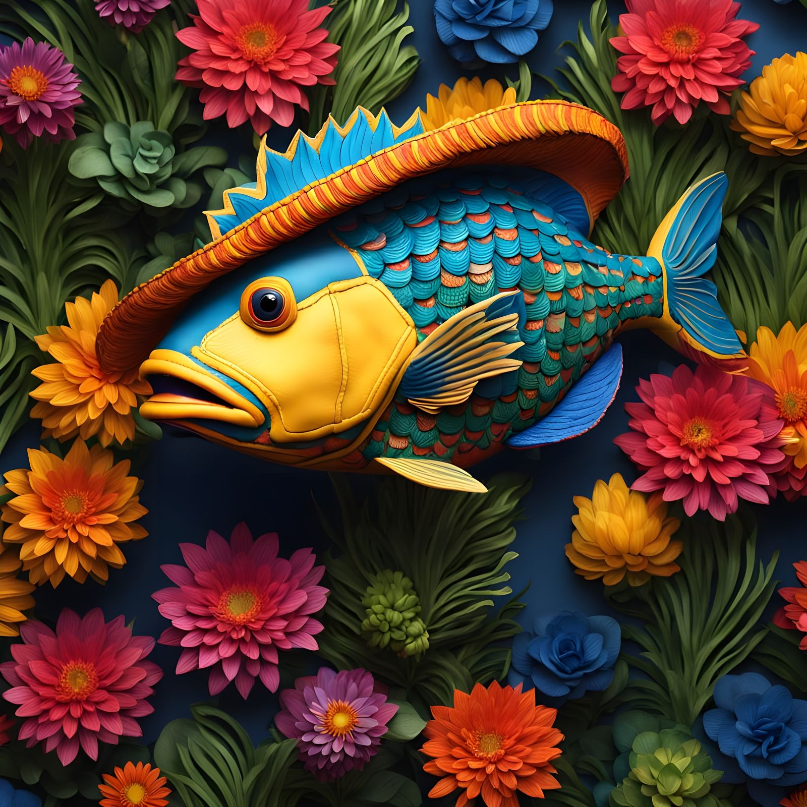 Colorful Fish Wearing Sombreros in Detailed CGI