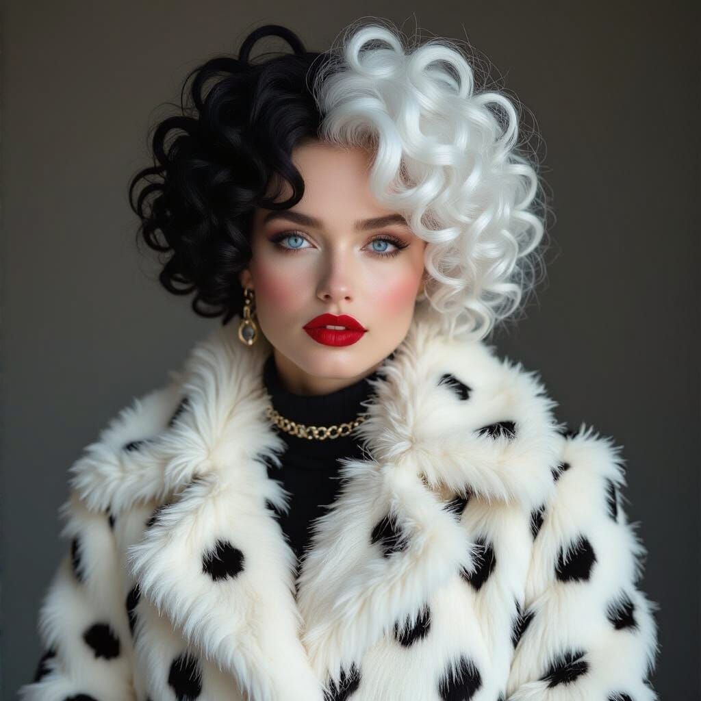 Woman with Dalmatian Fur Coat and Dog Leash