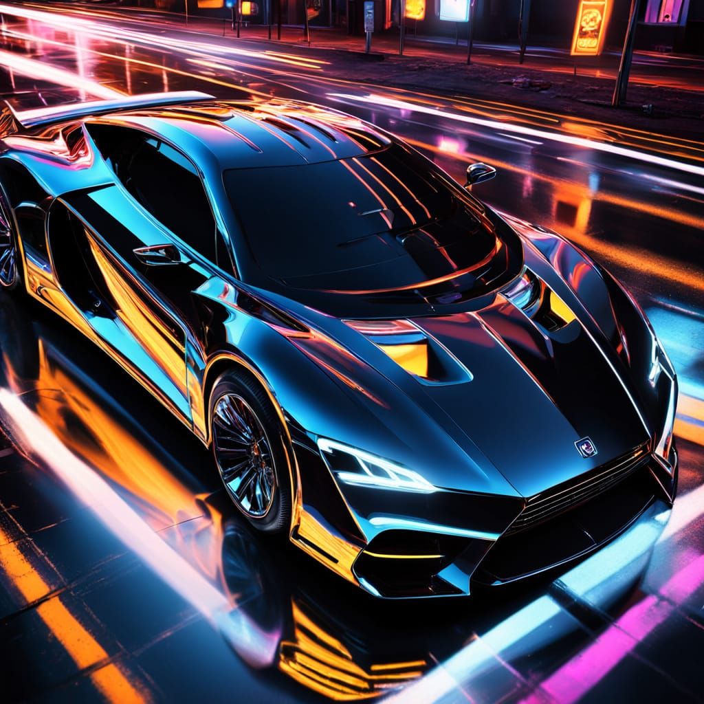 Sleek Chrome Automobile Under Neon Lights at Night