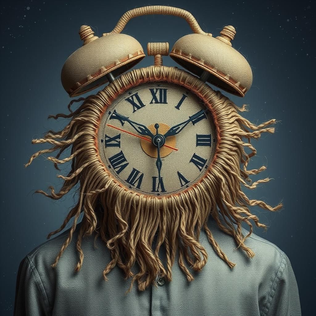 Alarm Clock Head Portrait in Hyperrealistic Embroidery