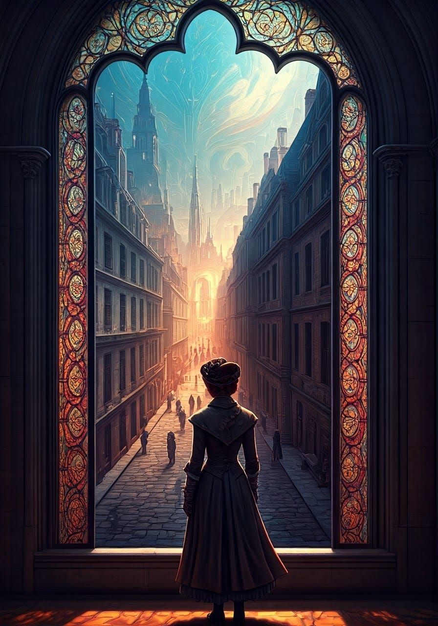 Overhead shot of a woman looking down through a window at a ...