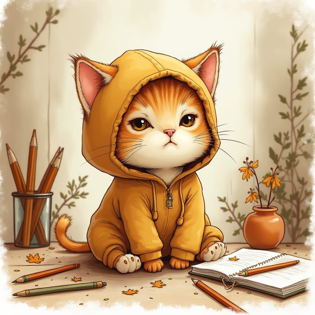 Whimsical Boy Cat in a Cozy Studio