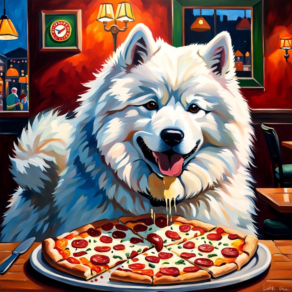 Samoyed Enjoys Pizza in Whimsical Restaurant