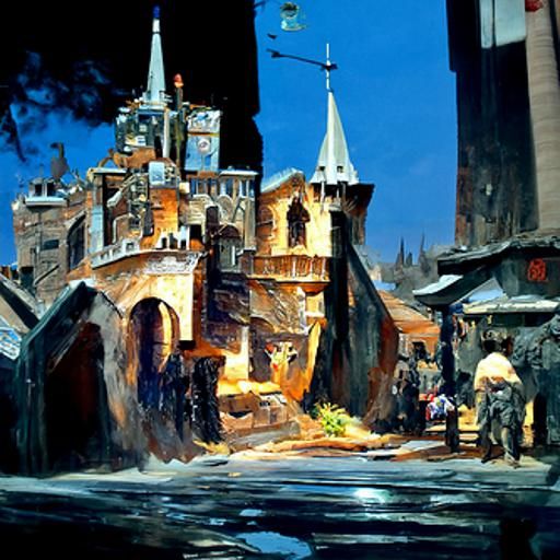 Medieval City in Oil Painting Style