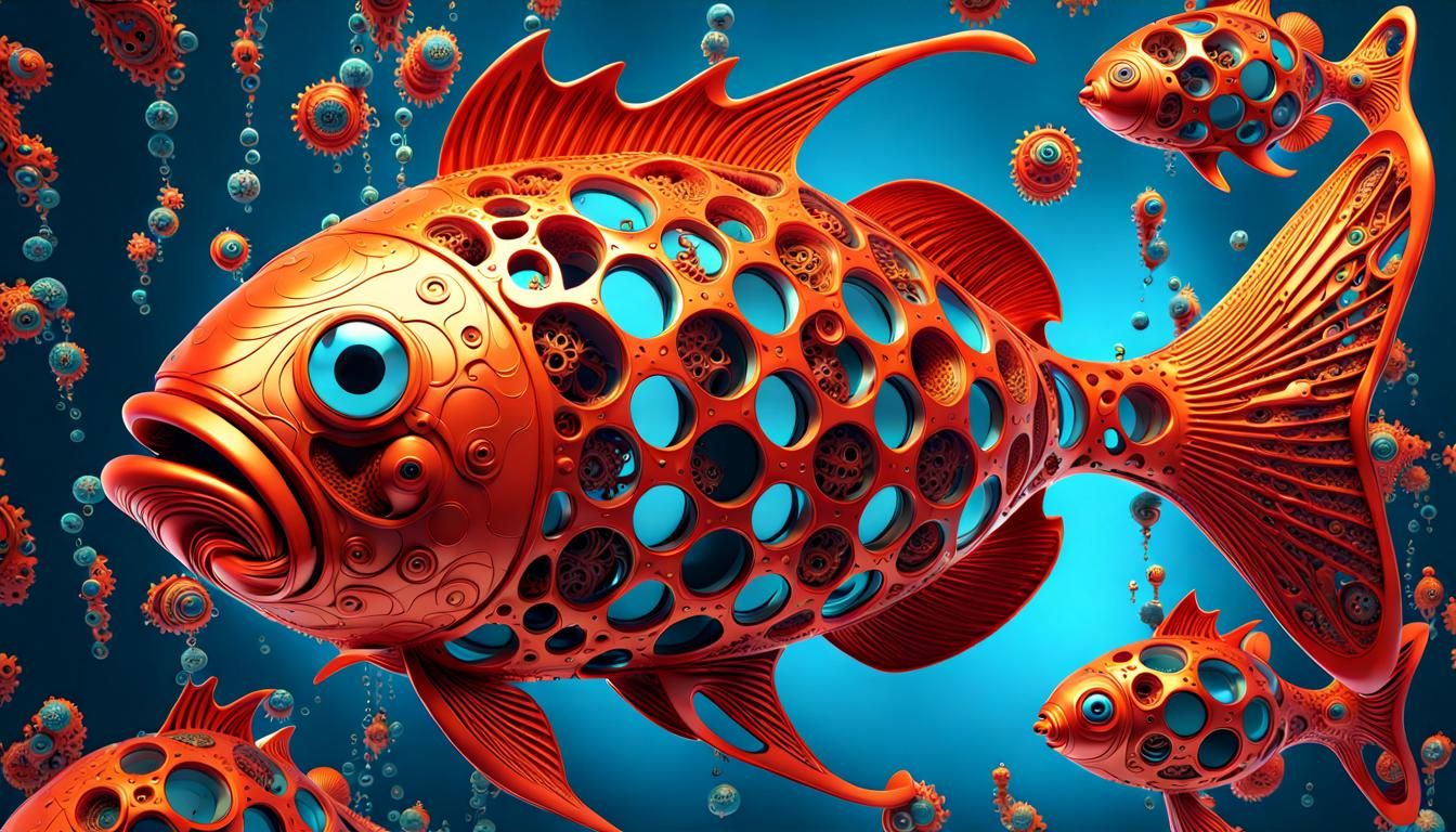 Clockwork Goldfish Swimming in Lava Lamp Sea