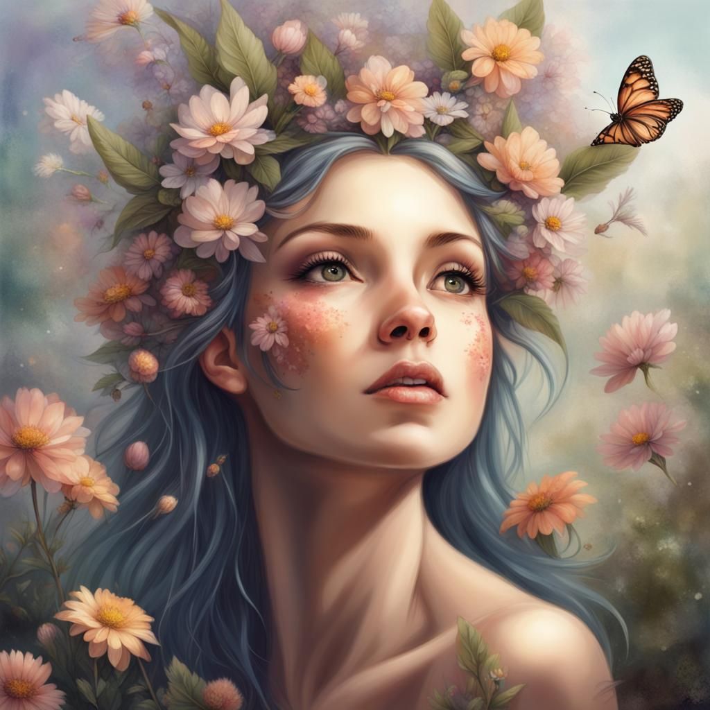 Enchanting Fairy Surrounded by Blossoming Flowers