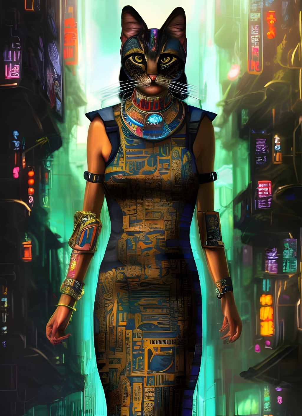 Cyberpunk Bastet Goddess Portrait in 3D Digital Art