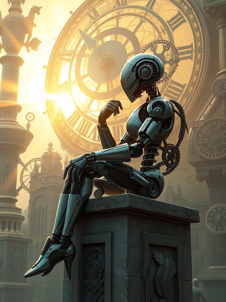 Humanoid Robot Contemplates Existence in Whimsical Clockwork...