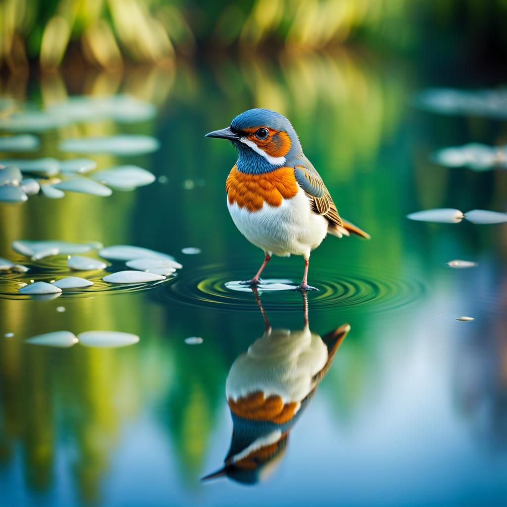 Bird's Perfect Reflection in Surreal Setting