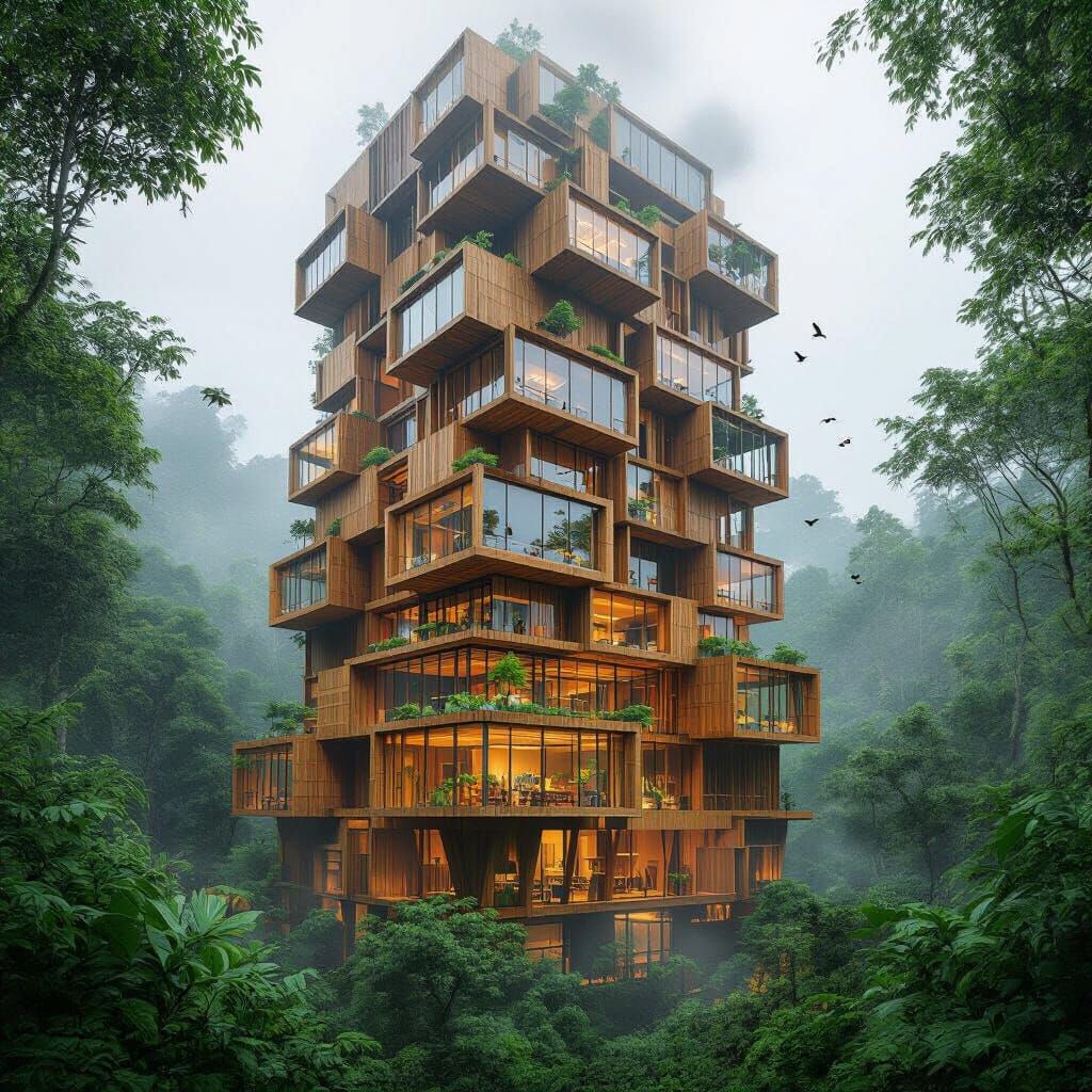 Hyper-Realistic Wooden Skyscraper in Tropical Rainforest