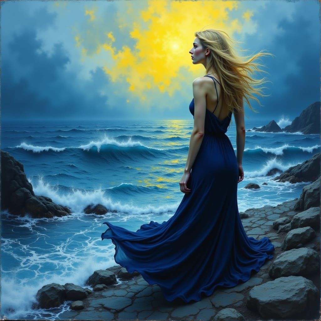 Woman in Blue Dress Overlooking Stormy Sea as Oil Painting