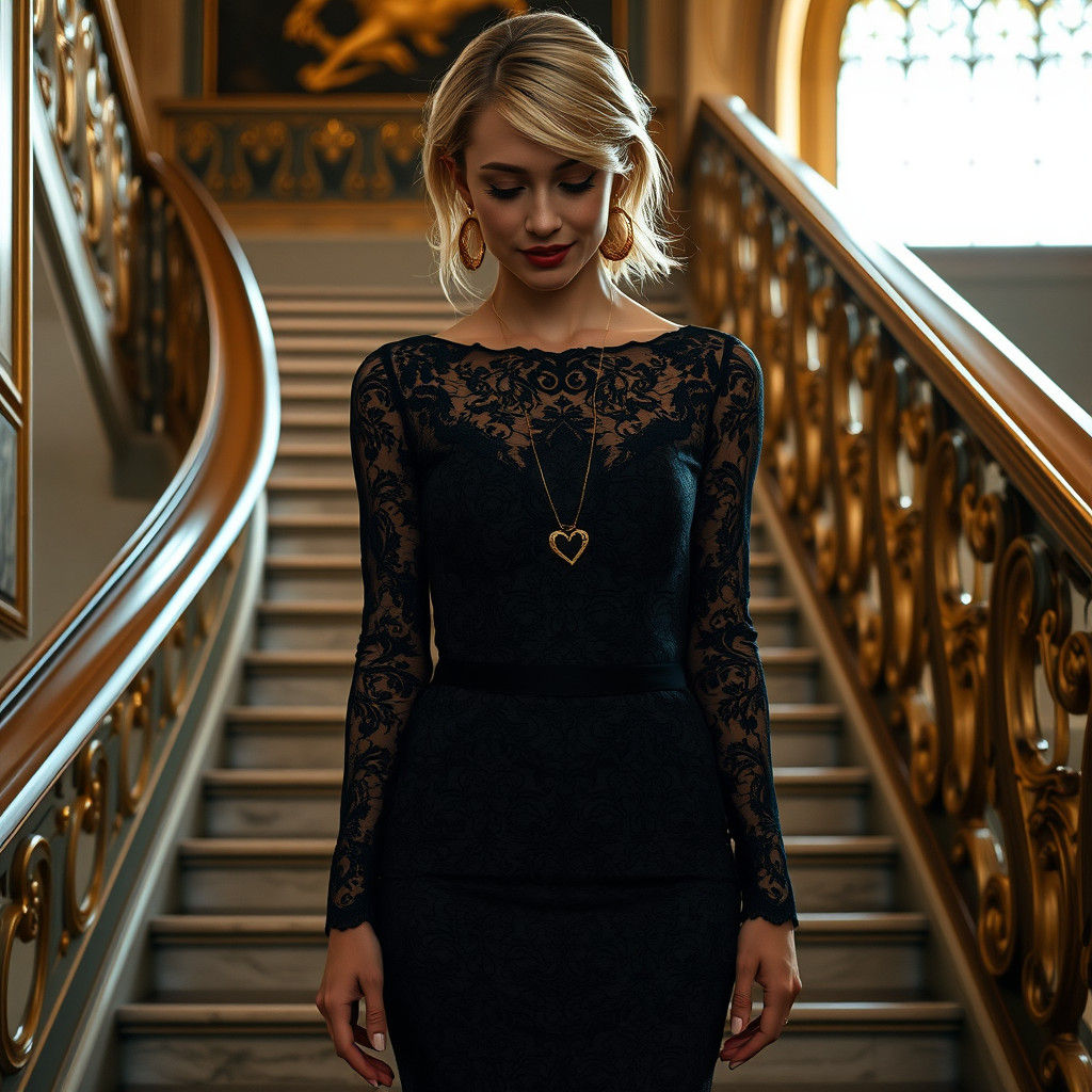 Blond Woman in Black Lace Dress on Staircase
