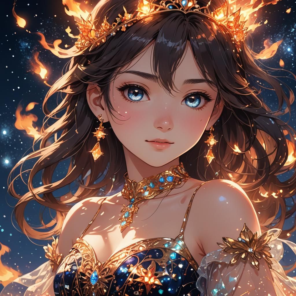 Princess in Fire Jewelry Against Summer Night Sky