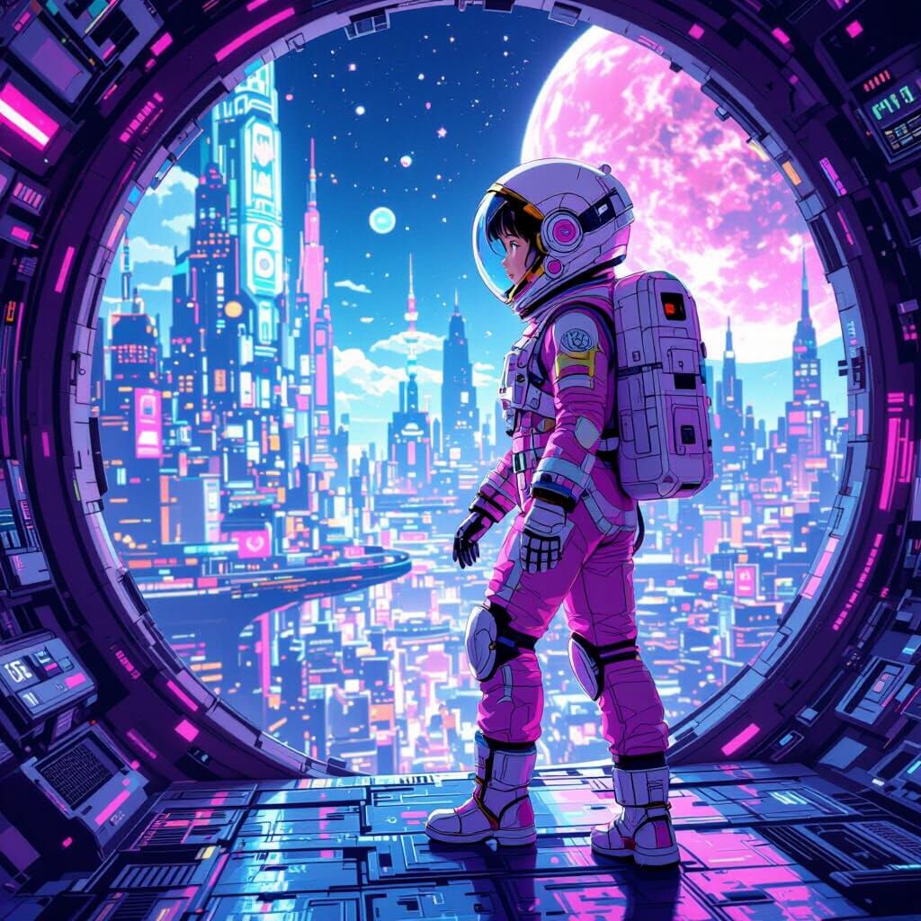 Lunar Girl Exploring Neon City in Anime Style