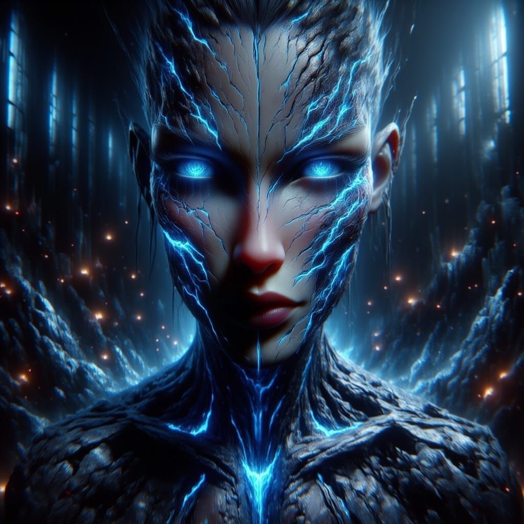 Ominous Figure in Agony with Rainbow Cracks