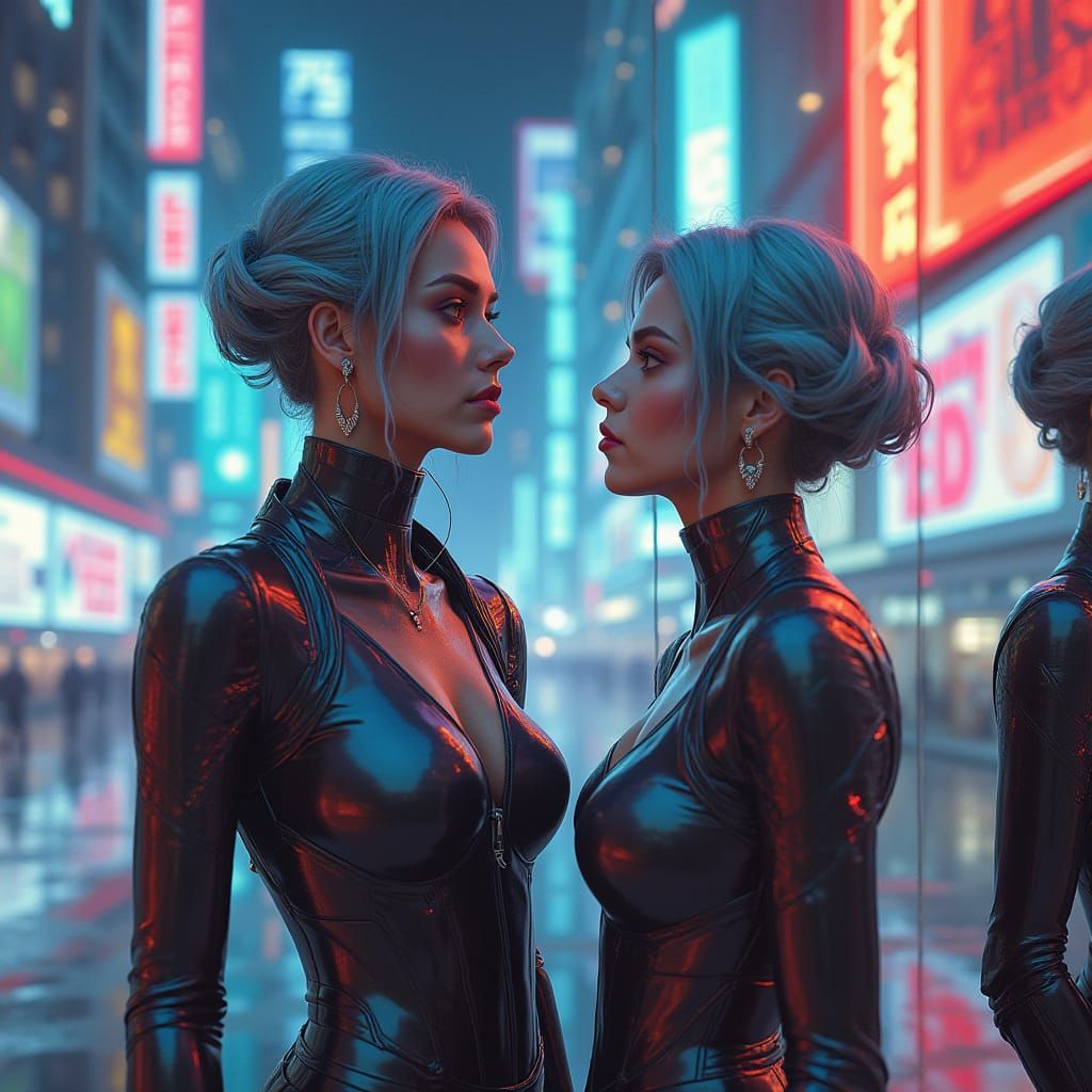 Futuristic Mirror Reflections in Cyberpunk Cityscape