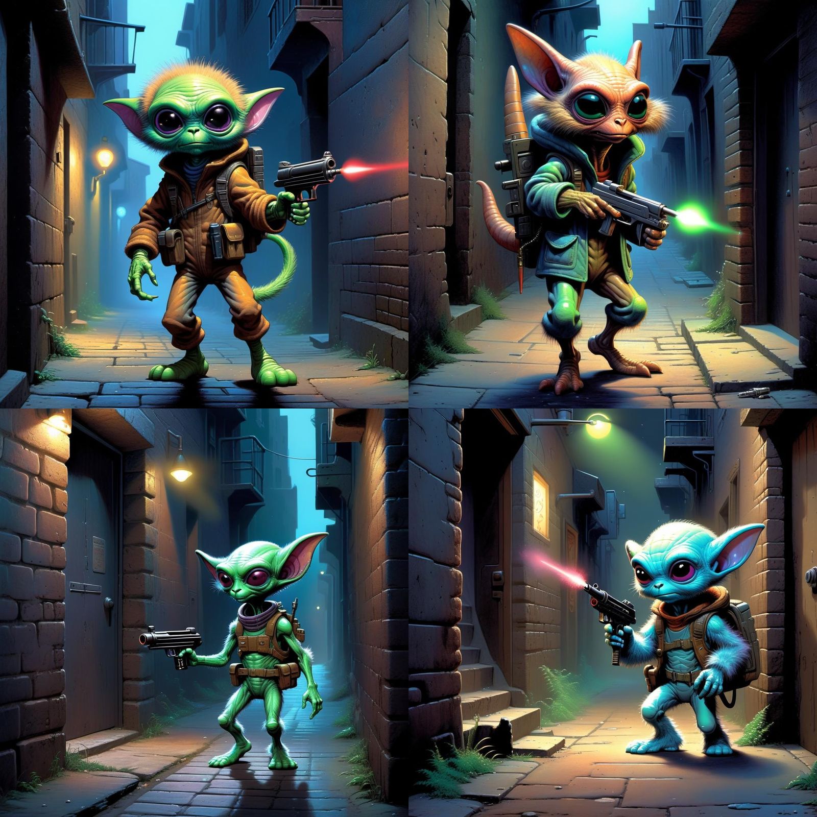 Furry Alien Stalker in Alley: 3D Moebius Style