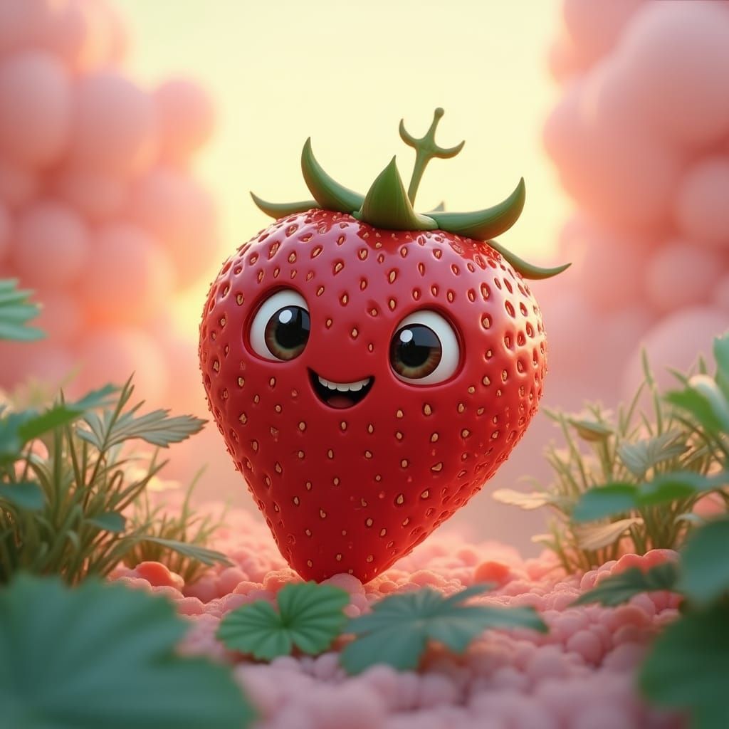 Cute Strawberry Character in Dreamy 3D Landscape