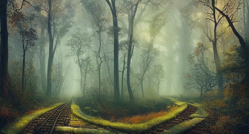 Overgrown Railroad Tracks in Ominous Forest