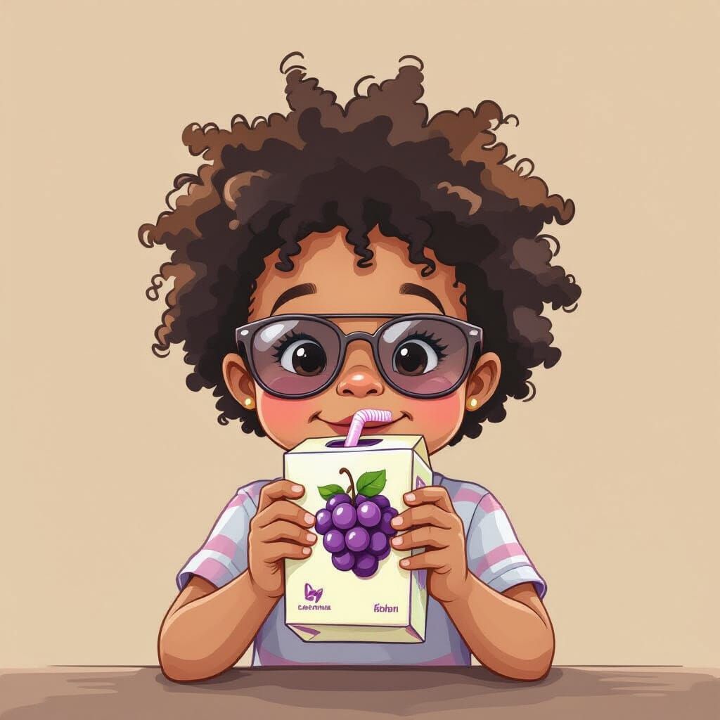 Cute Kid Sipping Juice: Delicate Pastel Illustration