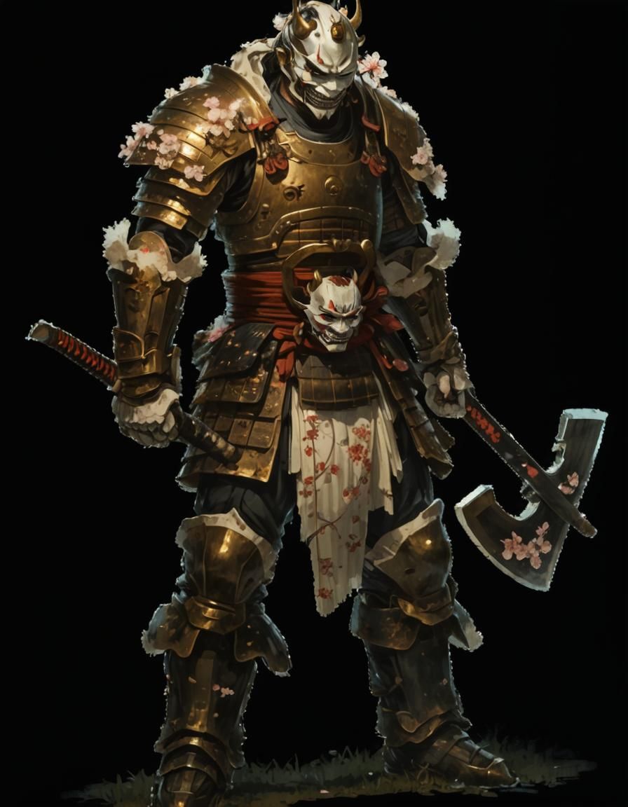 Samurai with Hannya Mask in Cherry Blossom Field