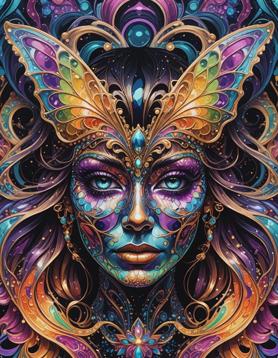 Ethereal Carnival Queen in Shimmering, Abstract Expressionis...