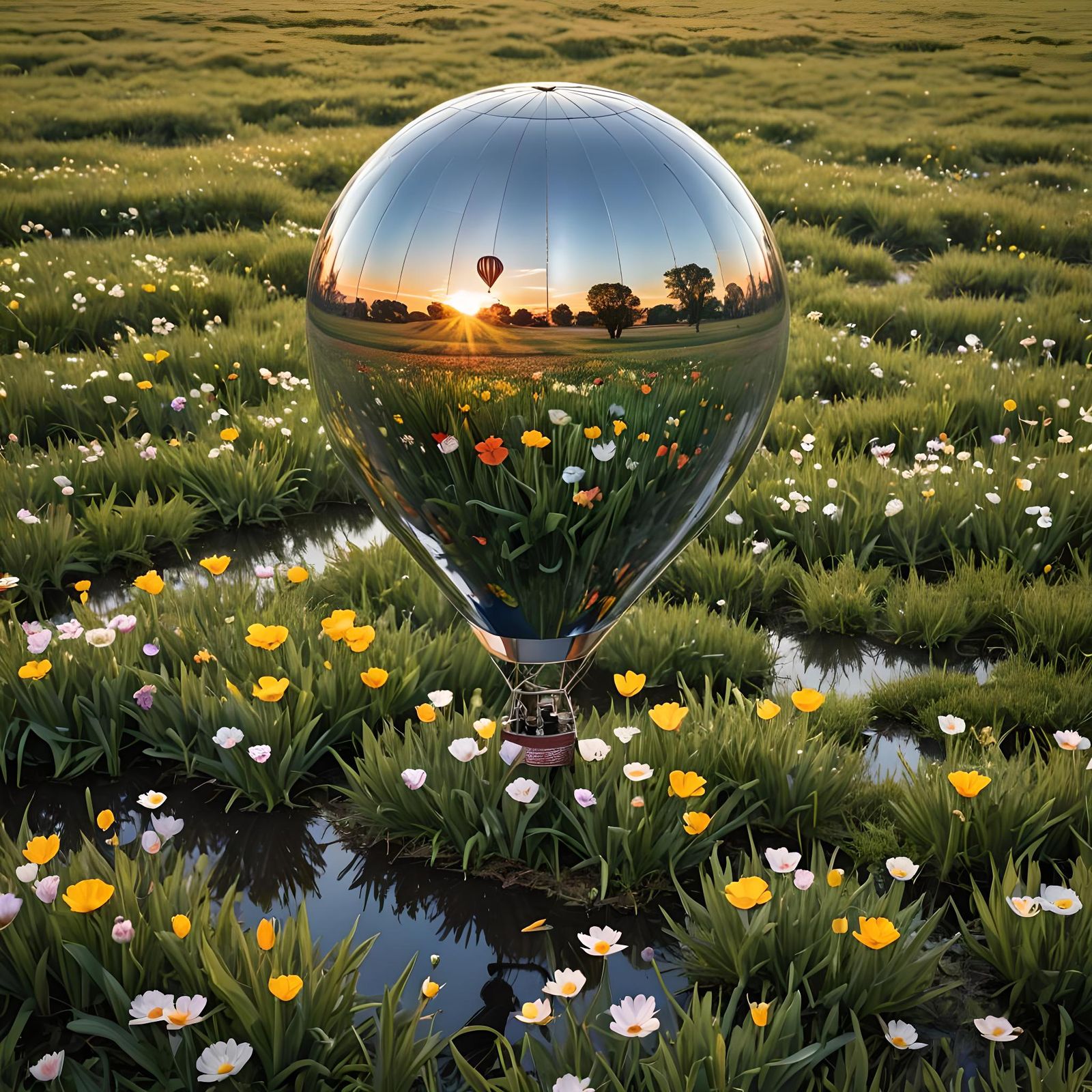 Spring Flower Field Reflected in Chrome Balloon