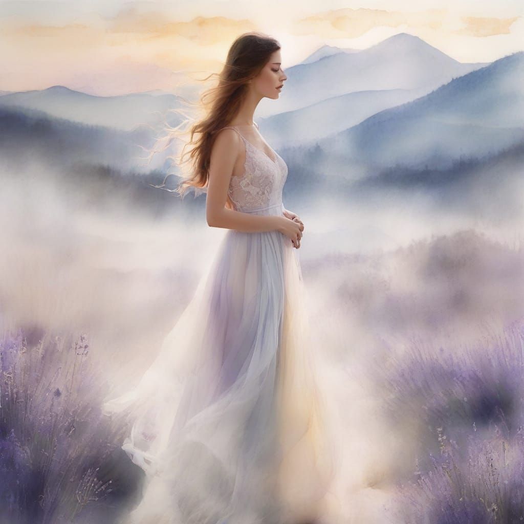 Ethereal Watercolour Portrait of a Woman in a Misty Landscap...
