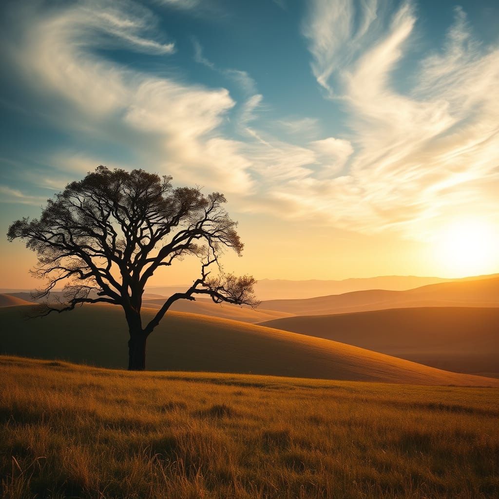 Golden Dawn Over Rolling Hills with Ancient Tree