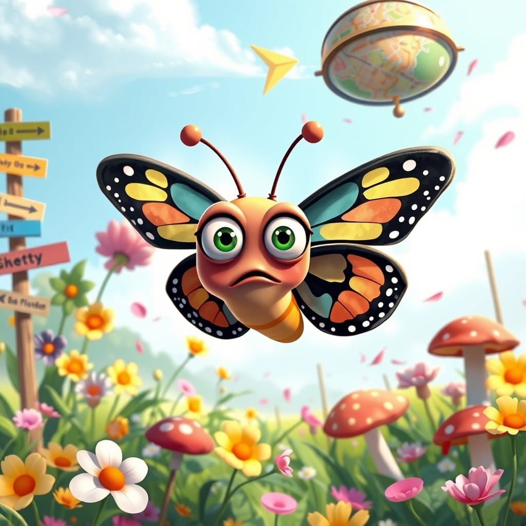 Confused Butterfly in Dreamlike Animated Meadow