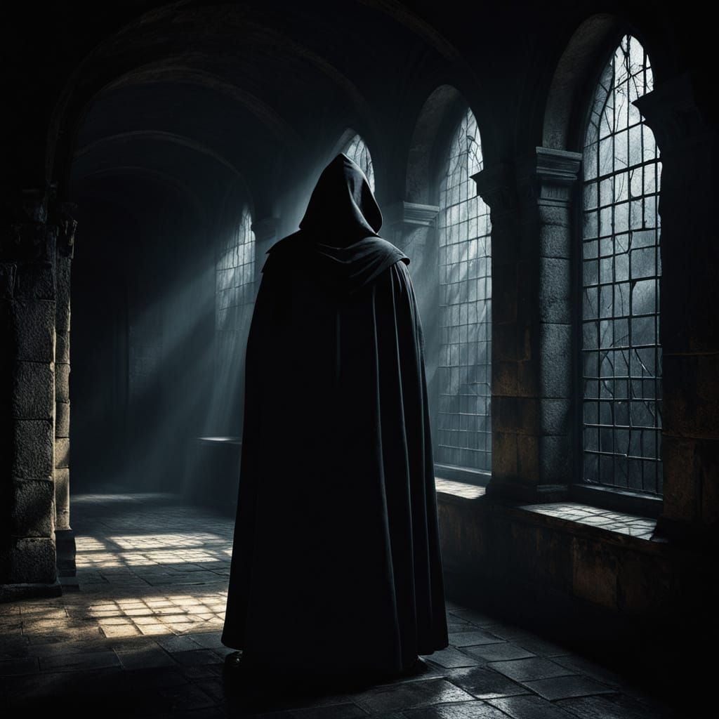 Dark Castle Shadows Reveal a Hooded Figure's Presence