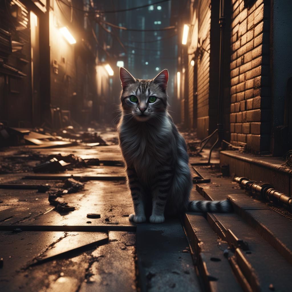 Cat in Dystopian Alleyway with Cyberpunk Lighting