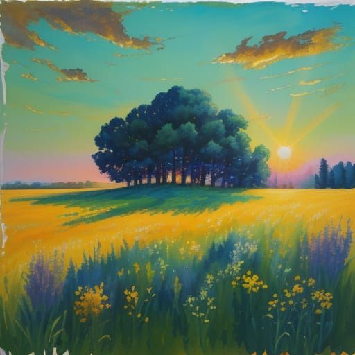 Impressionist Meadow Masterpiece with Sunlit Gouache Paintin...