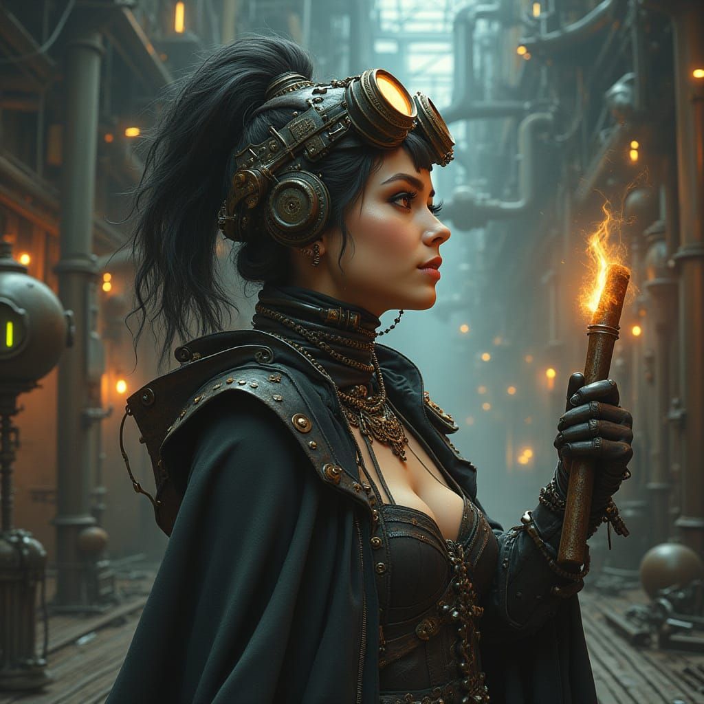 Dieselpunk Witch with Engine Hair in Factory