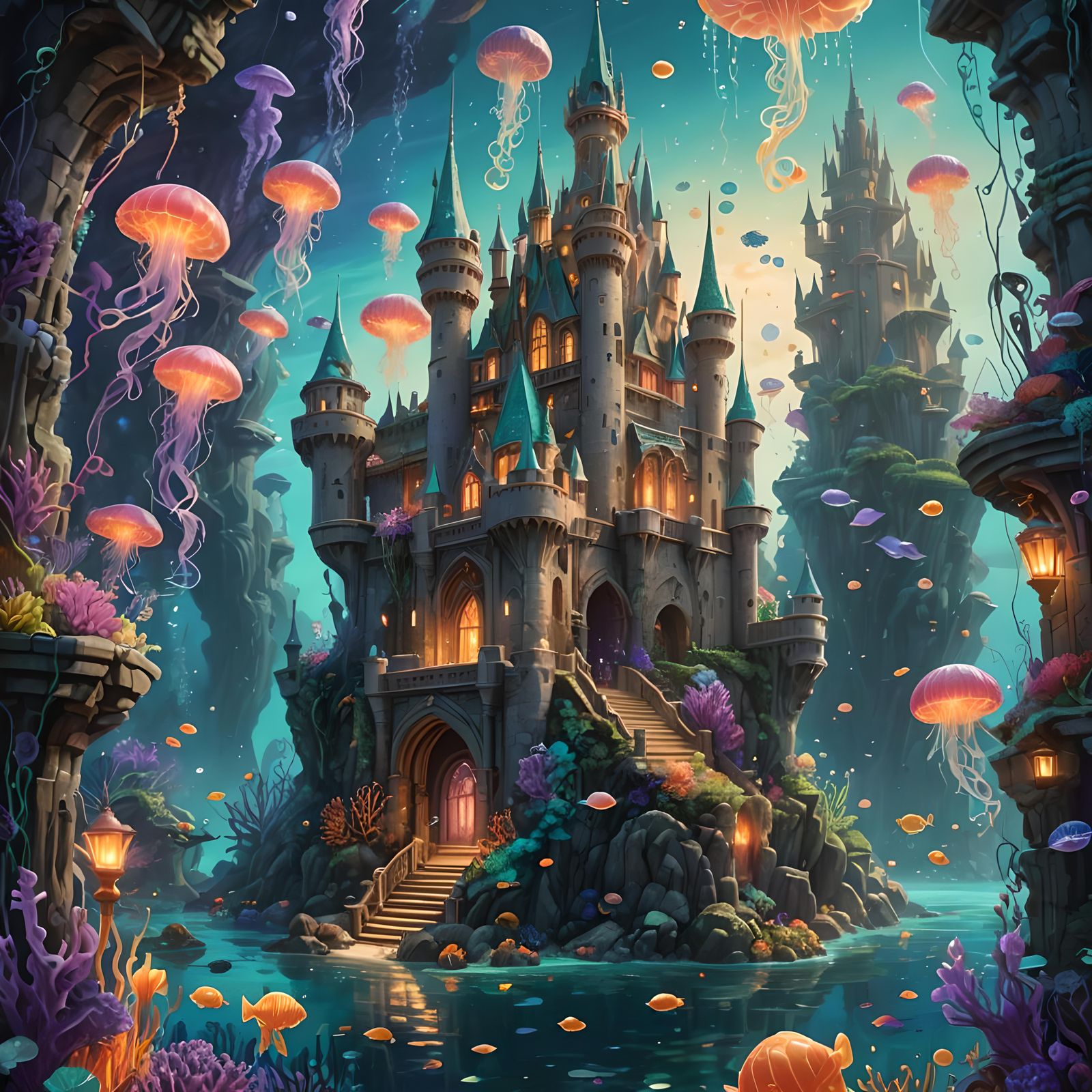 Hyperrealistic Mermaid Castle Splash Art