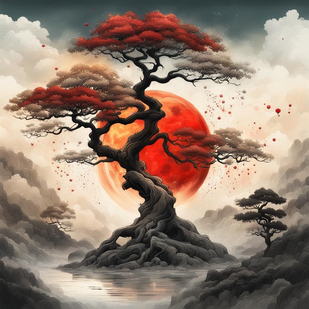 Old Tree in Chinese Ink and Vector Style