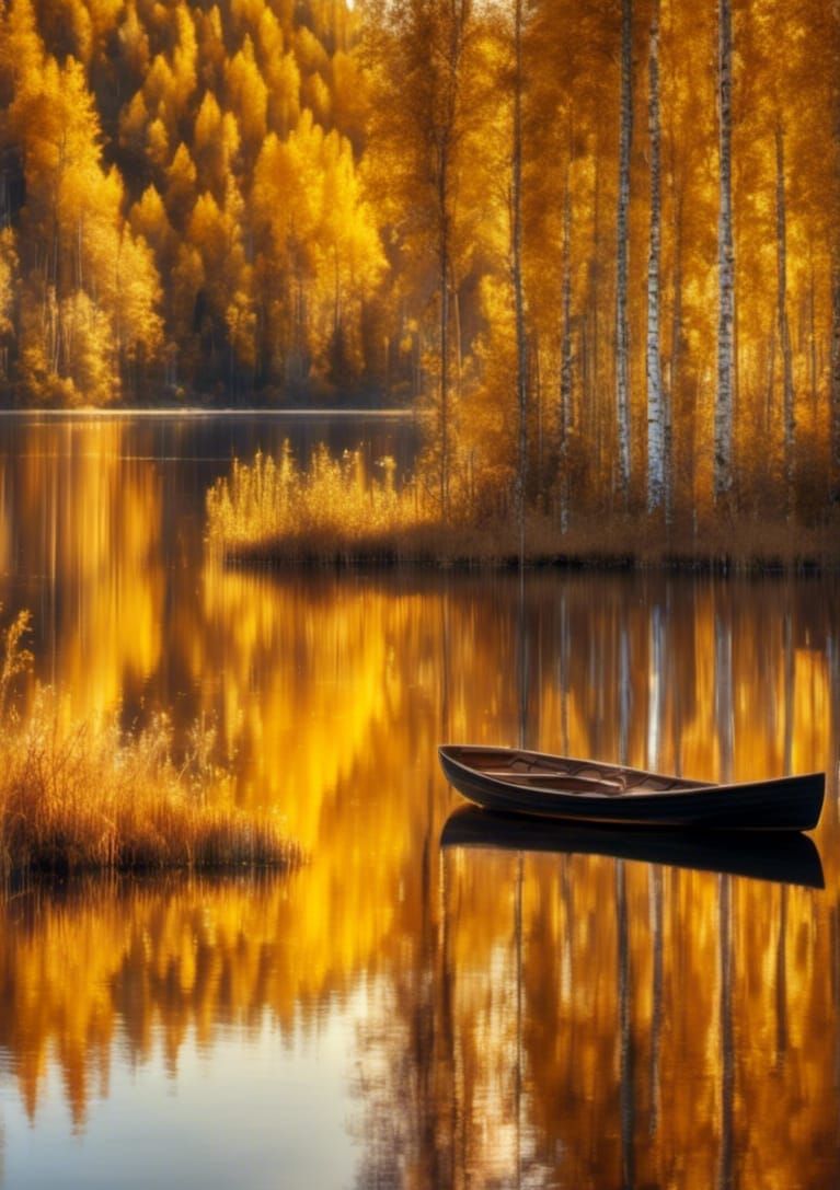 Golden Lake with Rowboat: Detailed Landscape Art