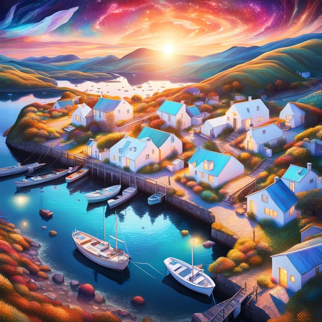 Sunset Harbor: White Cottages in Astral Illustration Style