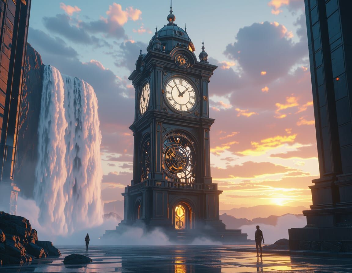 Clock Tower Waterfall in Sci-Fi Setting