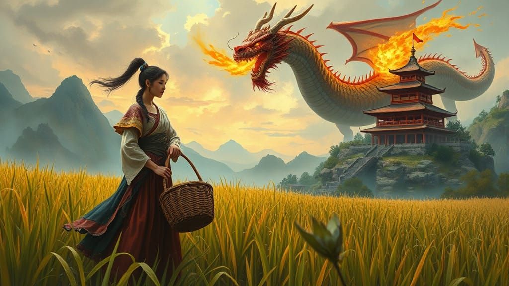 Chinese Peasant Woman Defies Dragon Amidst Burning Temple