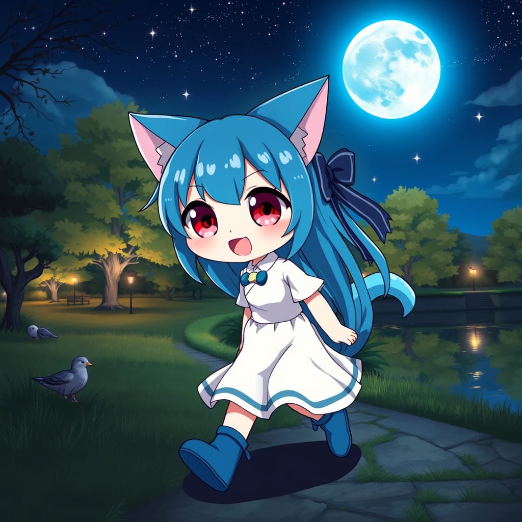 Adorable Anime Catgirl Plays in a Starry Night Park