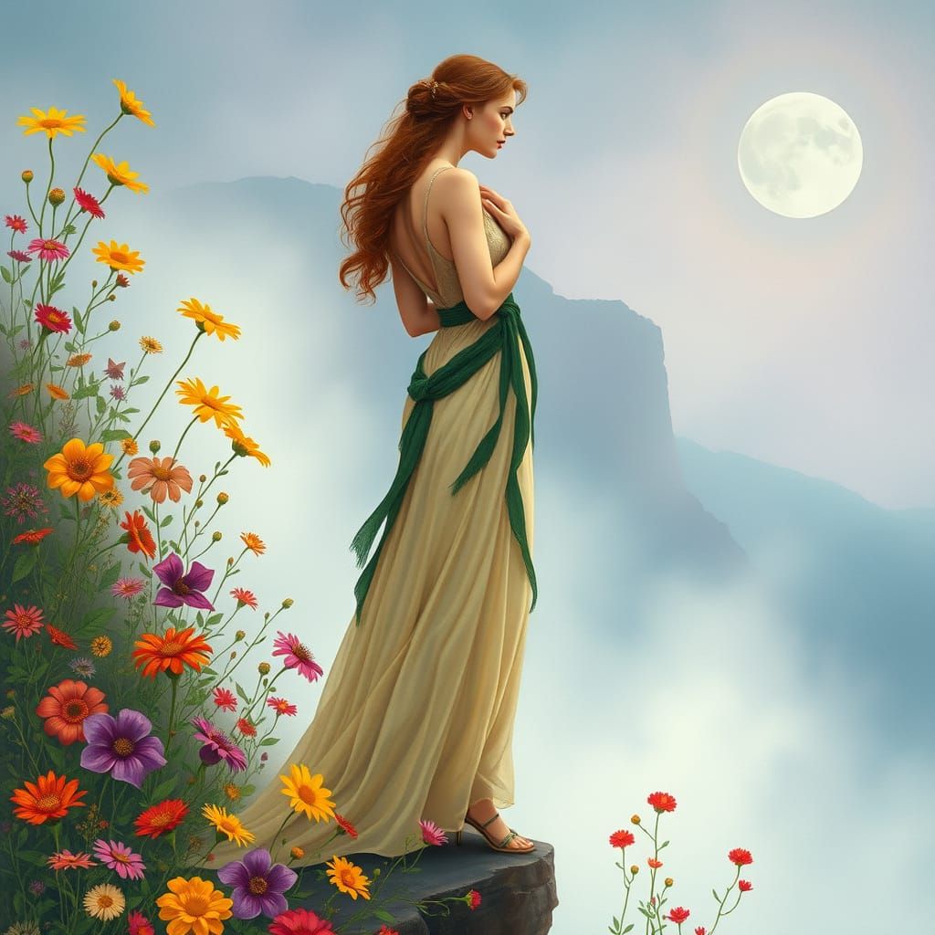 Elegant Woman on Misty Cliff, Art Nouveau Style