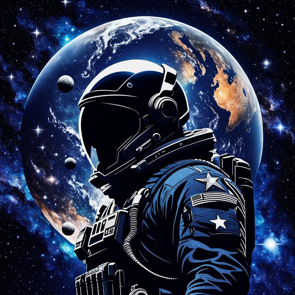 Rugged Man's Silhouette Floating in Galaxy Void