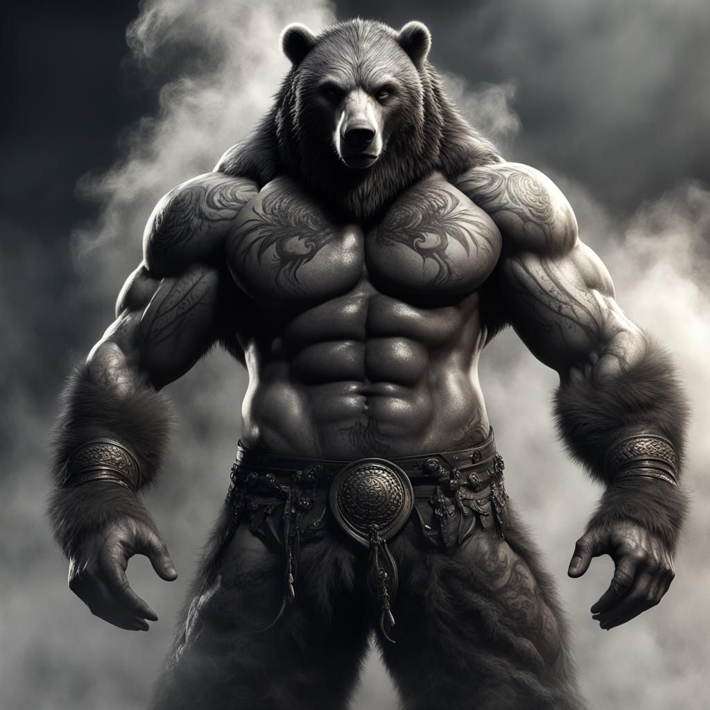 Muscular Anthromorphic Bear-Man in Smoky Darkness