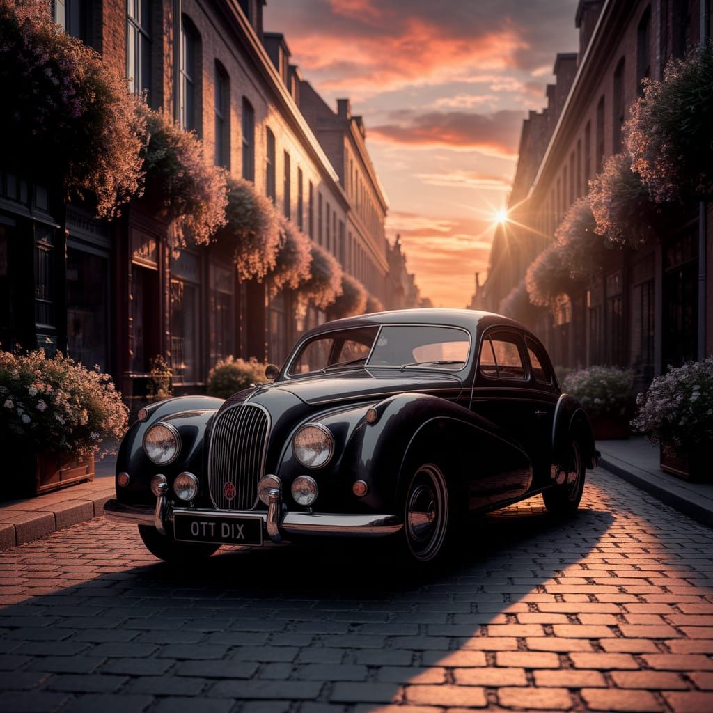 Vintage Jupiter Car on Cobblestone Street in Golden Light