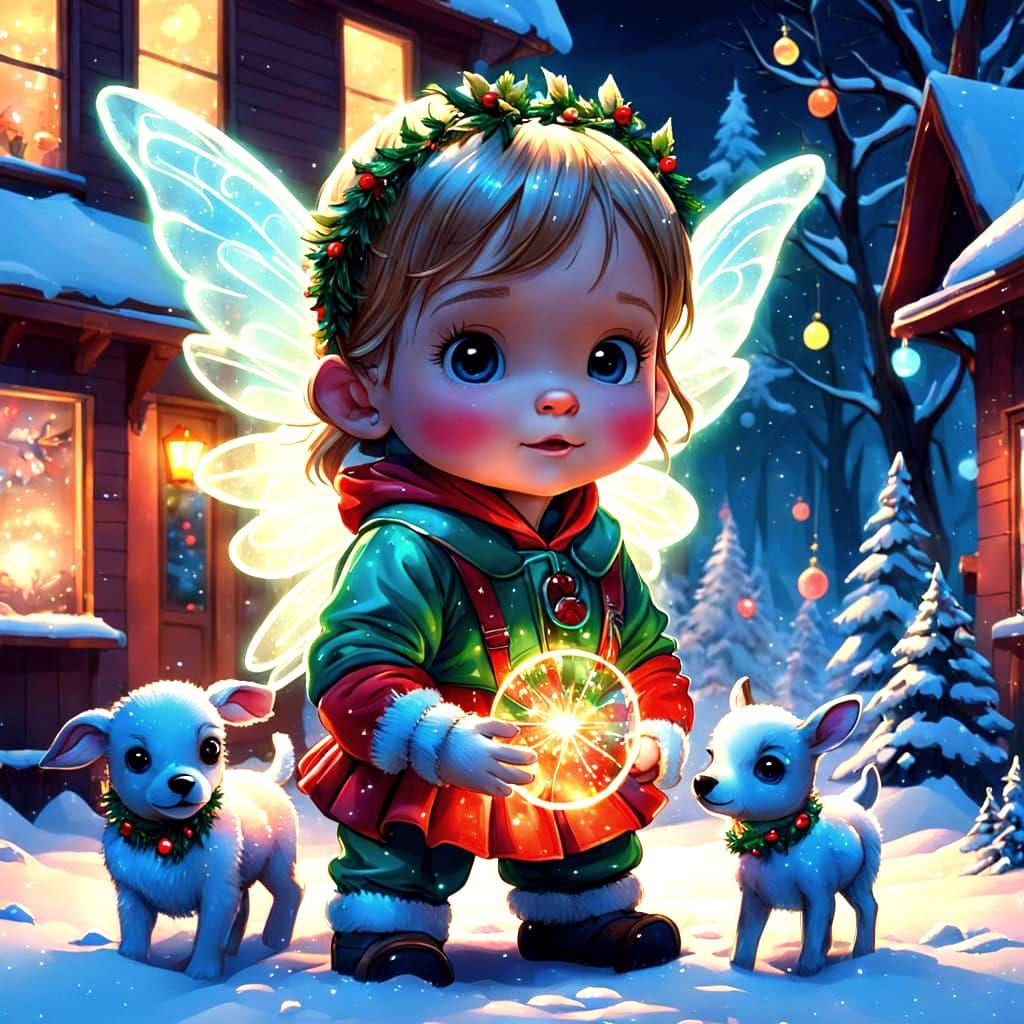 Glowing Glass Christmas Fairy Plays with Reindeer in Whimsic...